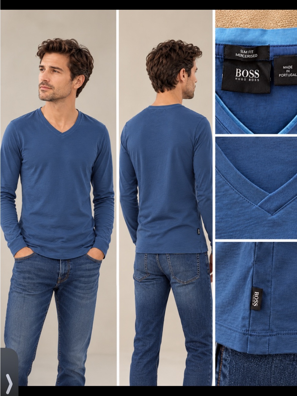 Boss Slim-Fit V-Neck Long Sleeve Shirt - Blue
